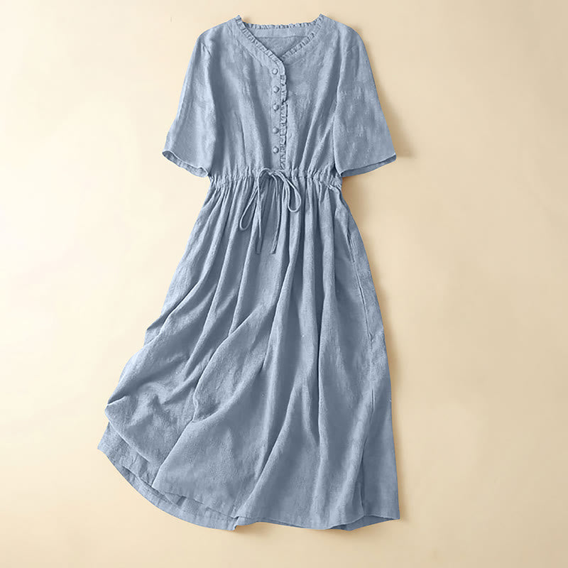 Robe mi-longue d'été en coton et lin à plis et cordon de serrage avec poches Motif Buddha Stones - Bleu acier clair - US14，UK/AU18，EU46 (2XL) - image 18