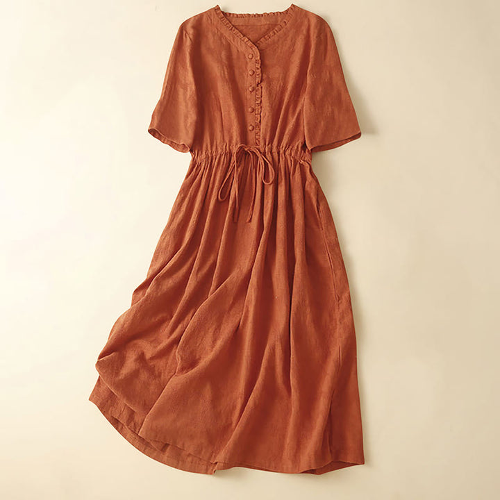 Robe mi-longue d'été en coton et lin à plis et cordon de serrage avec poches Motif Buddha Stones - Orange foncé - US14，UK/AU18，EU46 (2XL) - image 0