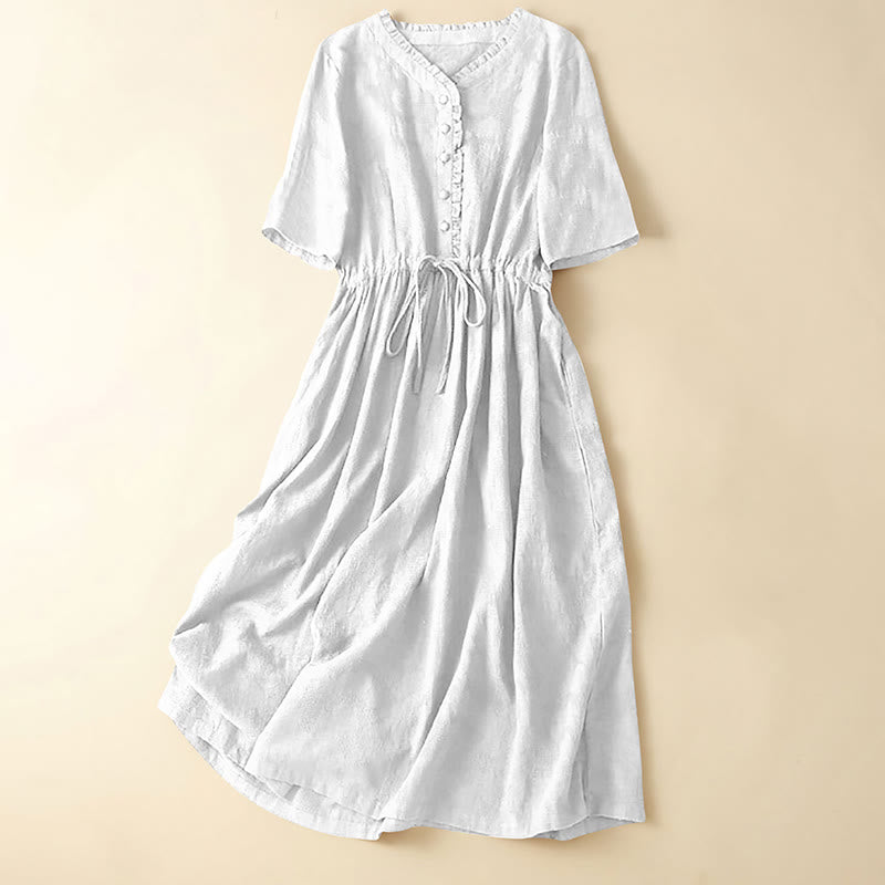 Robe mi-longue d'été en coton et lin à plis et cordon de serrage avec poches Motif Buddha Stones - Blanc - US14，UK/AU18，EU46 (2XL) - image 6