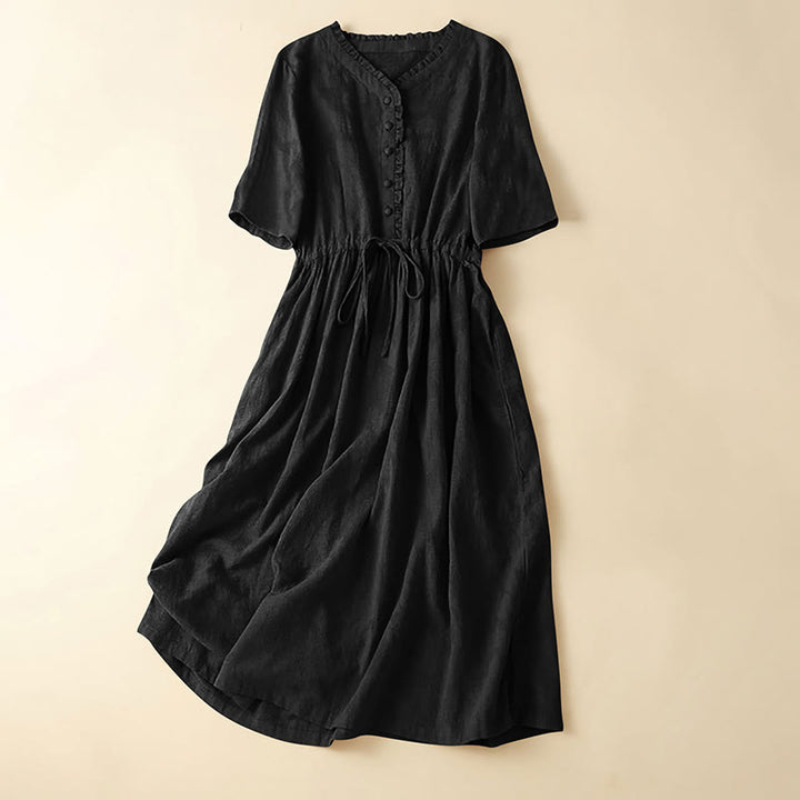 Robe mi-longue d'été en coton et lin à plis et cordon de serrage avec poches Motif Buddha Stones - Noir - US14，UK/AU18，EU46 (2XL) - image 15