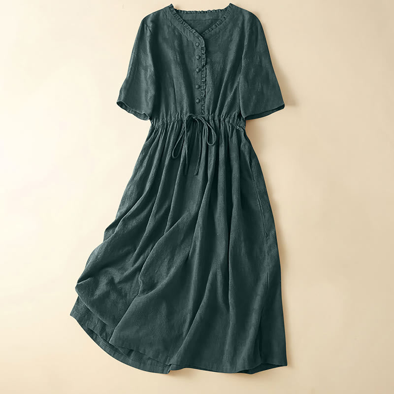 Robe mi-longue d'été en coton et lin à plis et cordon de serrage avec poches Motif Buddha Stones - Vert foncé - US14，UK/AU18，EU46 (2XL) - image 3