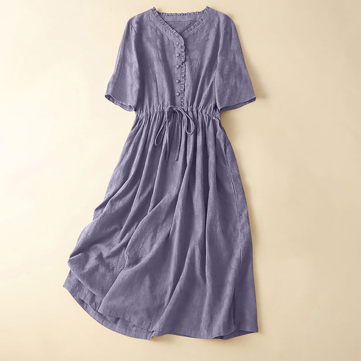Robe mi-longue d'été en coton et lin à plis et cordon de serrage avec poches Motif Buddha Stones - Orchidée moyenne - US14，UK/AU18，EU46 (2XL) - image 9