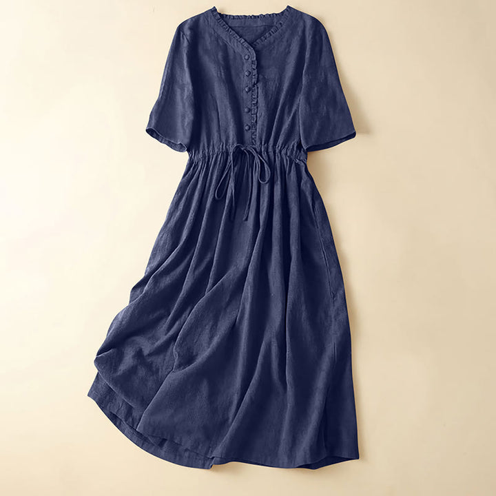 Robe mi-longue d'été en coton et lin à plis et cordon de serrage avec poches Motif Buddha Stones - Indigo - US14，UK/AU18，EU46 (2XL) - image 12