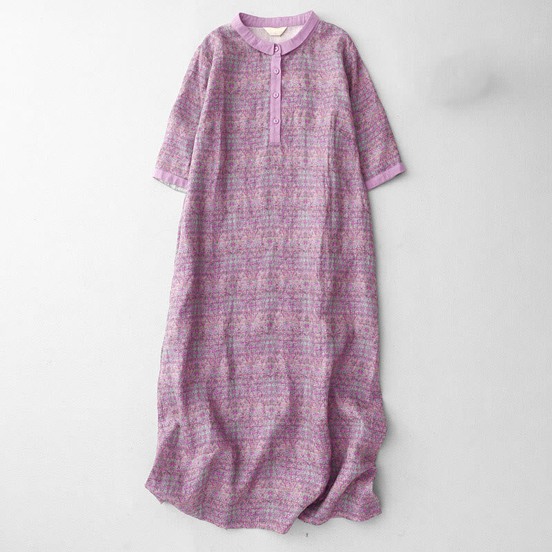 Robe mi-longue en coton et lin à manches courtes et imprimé floral Buddha Stones avec poches - Orchidée - US8-10，UK/AU12-14，EU40-42 (2XL) - image 1