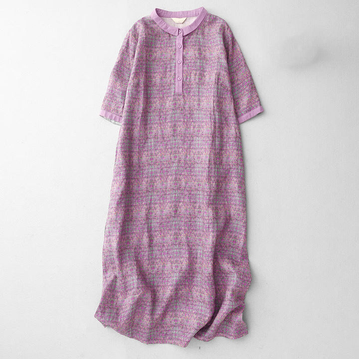 Robe mi-longue en coton et lin à manches courtes et imprimé floral Buddha Stones avec poches - Orchidée - US8-10，UK/AU12-14，EU40-42 (2XL) - image 1