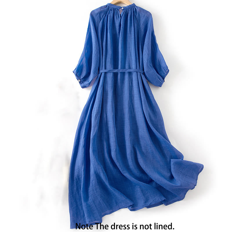 Robe midi unie en coton et lin avec cordon de serrage et manches bouffantes trois-quarts et poches - image 2