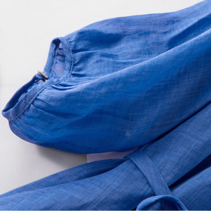 Robe midi unie en coton et lin avec cordon de serrage et manches bouffantes trois-quarts et poches - image 7