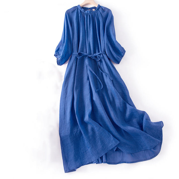 Robe midi unie en coton et lin avec cordon de serrage et manches bouffantes trois-quarts et poches - Bleu - US12，UK/AU16，EU44 (XL) - image 0