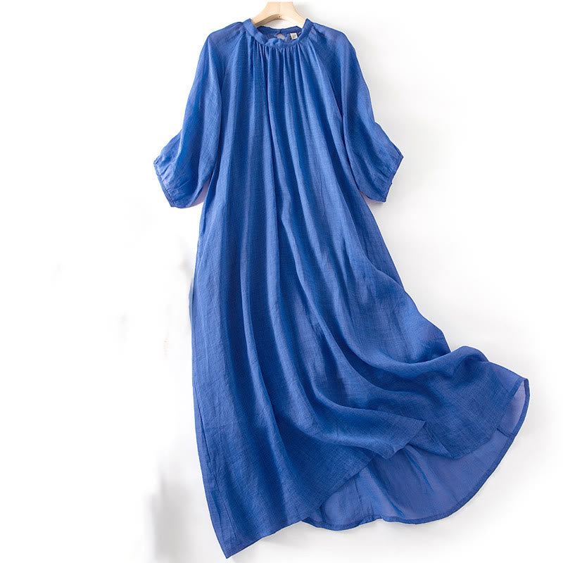 Robe midi unie en coton et lin avec cordon de serrage et manches bouffantes trois-quarts et poches - image 3