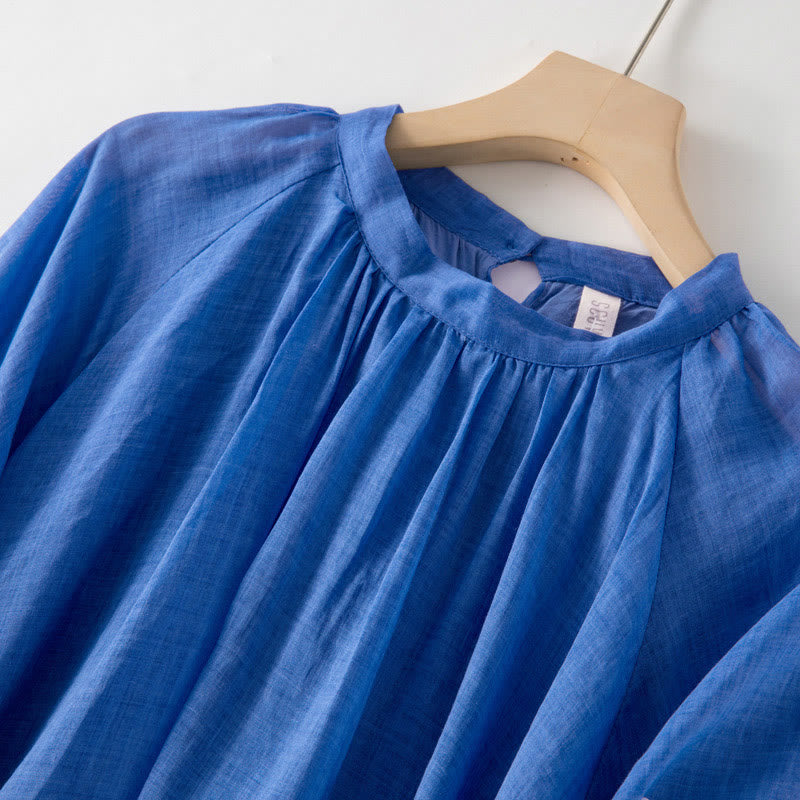 Robe midi unie en coton et lin avec cordon de serrage et manches bouffantes trois-quarts et poches - image 3