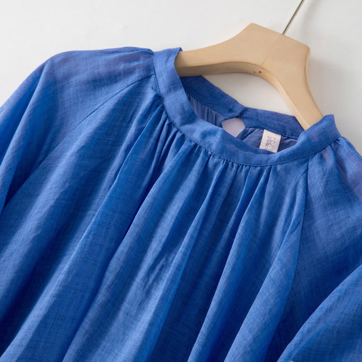 Robe midi unie en coton et lin avec cordon de serrage et manches bouffantes trois-quarts et poches - image 3