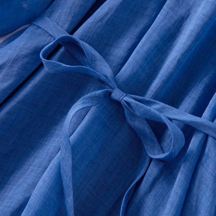 Robe midi unie en coton et lin avec cordon de serrage et manches bouffantes trois-quarts et poches - image 9