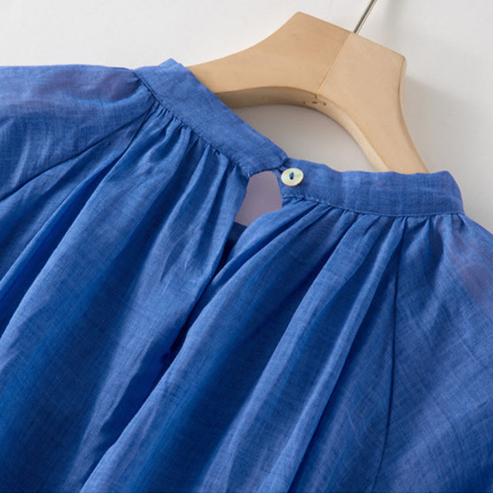 Robe midi unie en coton et lin avec cordon de serrage et manches bouffantes trois-quarts et poches - image 6