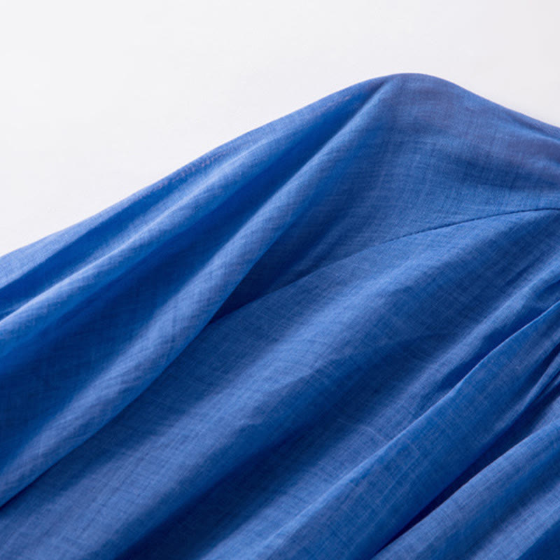 Robe midi unie en coton et lin avec cordon de serrage et manches bouffantes trois-quarts et poches - image 7
