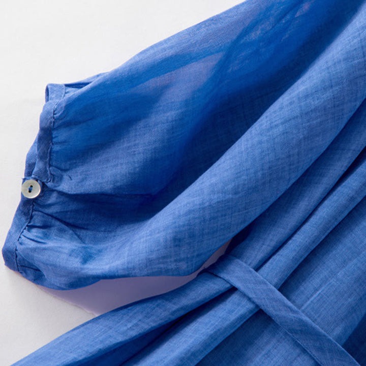 Robe midi unie en coton et lin avec cordon de serrage et manches bouffantes trois-quarts et poches - image 8