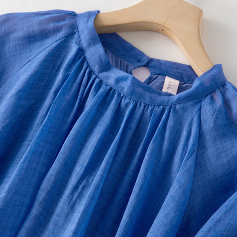 Robe midi unie en coton et lin avec cordon de serrage et manches bouffantes trois-quarts et poches - image 5