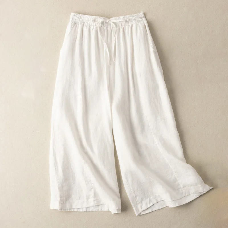 Pantalon Capri court uni en coton et lin pour femme, coupe large avec poches, longueur 7-8, motif Buddha Stones - Blanc - US12，UK/AU16，EU44 (3XL) - image 7