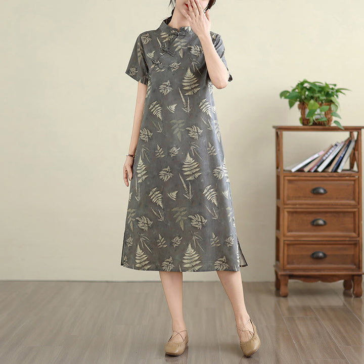 Robe mi-longue cheongsam rétro gris foncé en coton avec boutons Buddha Stones et poches - image 4