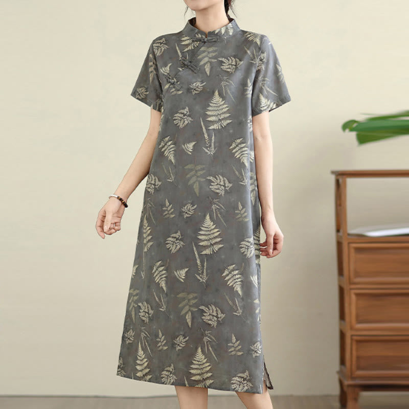 Robe mi-longue cheongsam rétro gris foncé en coton avec boutons Buddha Stones et poches - image 6