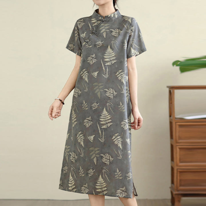 Robe mi-longue cheongsam rétro gris foncé en coton avec boutons Buddha Stones et poches - image 6