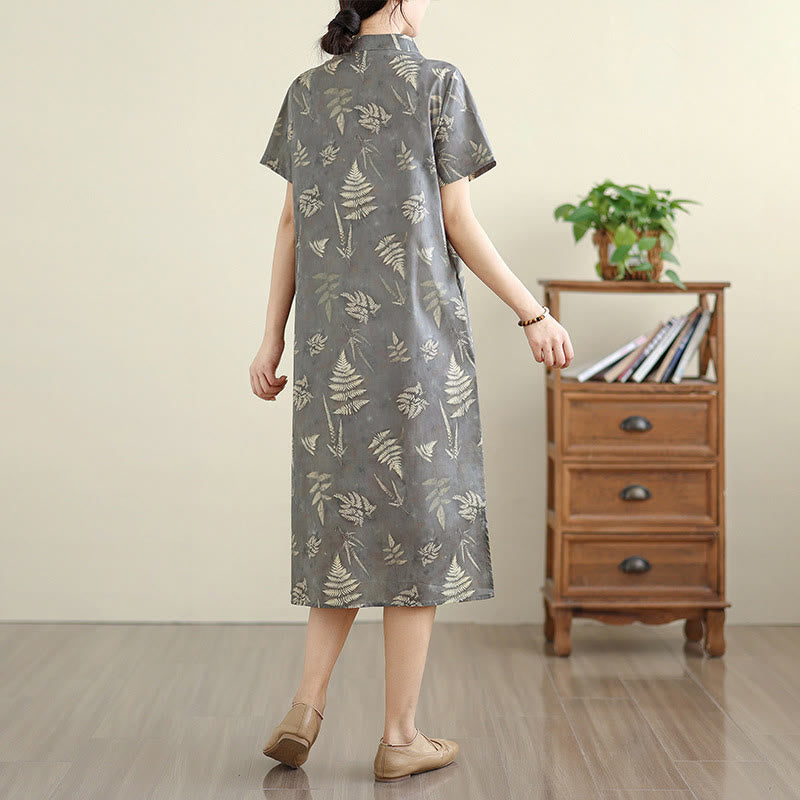 Robe mi-longue cheongsam rétro gris foncé en coton avec boutons Buddha Stones et poches - image 5