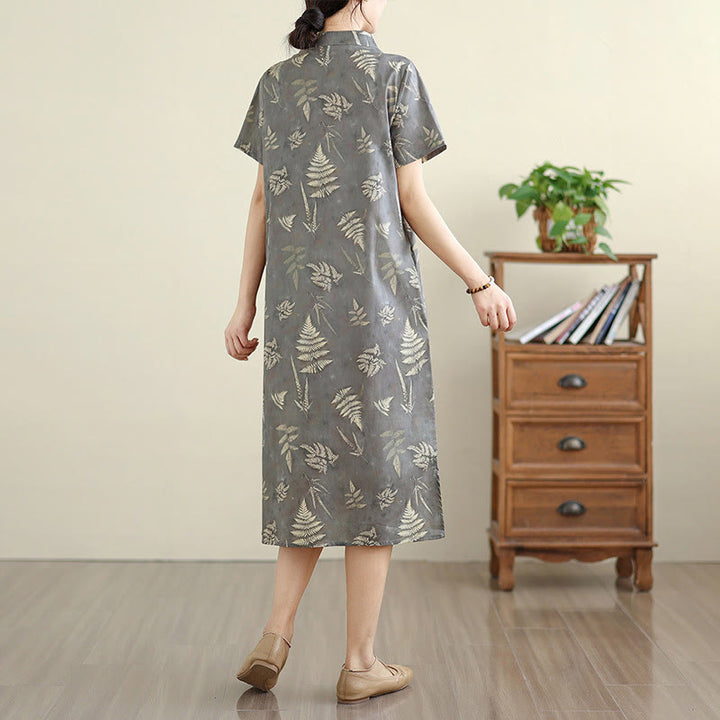 Robe mi-longue cheongsam rétro gris foncé en coton avec boutons Buddha Stones et poches - image 5