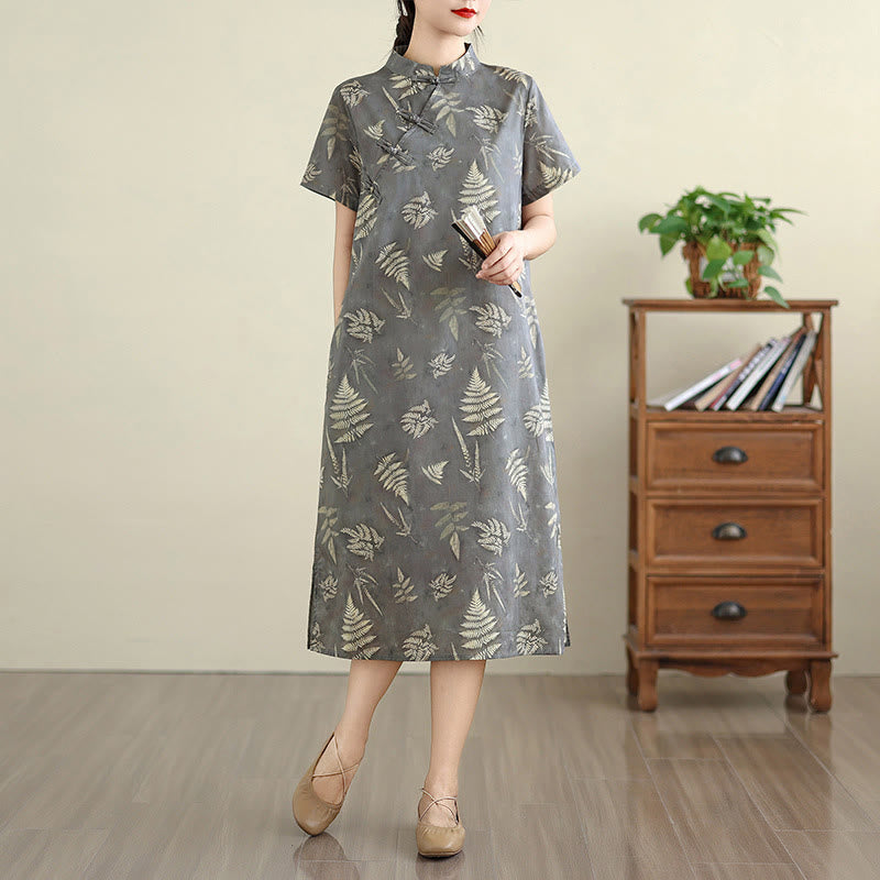 Robe mi-longue cheongsam rétro gris foncé en coton avec boutons Buddha Stones et poches - Gris foncé - US8-10，UK/AU12-14，EU40-42 (2XL) - image 1