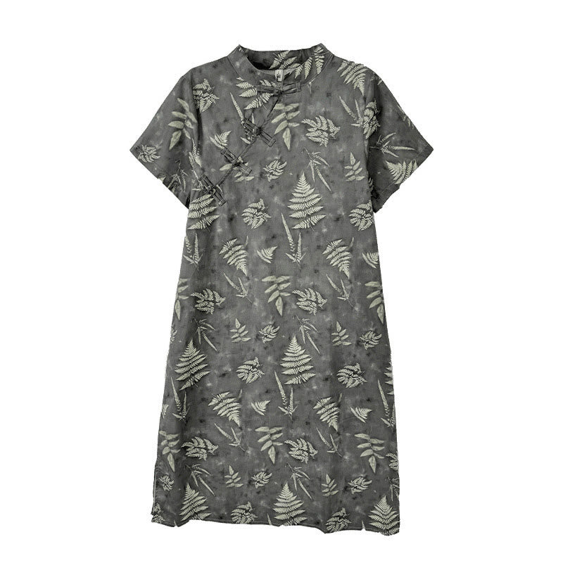 Robe mi-longue cheongsam rétro gris foncé en coton avec boutons Buddha Stones et poches - image 13