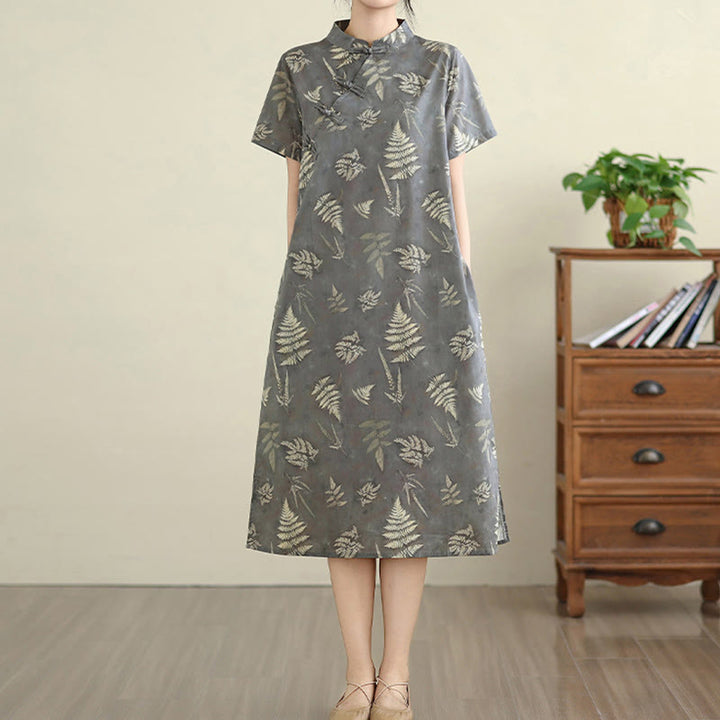 Robe mi-longue cheongsam rétro gris foncé en coton avec boutons Buddha Stones et poches - image 3