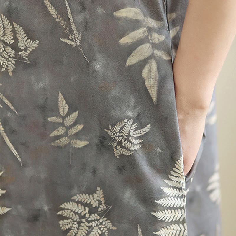 Robe mi-longue cheongsam rétro gris foncé en coton avec boutons Buddha Stones et poches - image 10