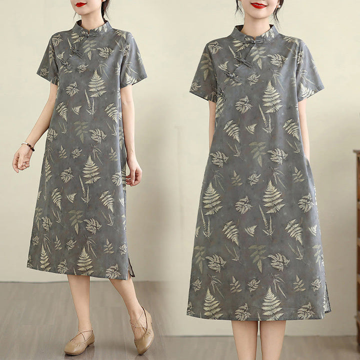 Robe mi-longue cheongsam rétro gris foncé en coton avec boutons Buddha Stones et poches - image 7