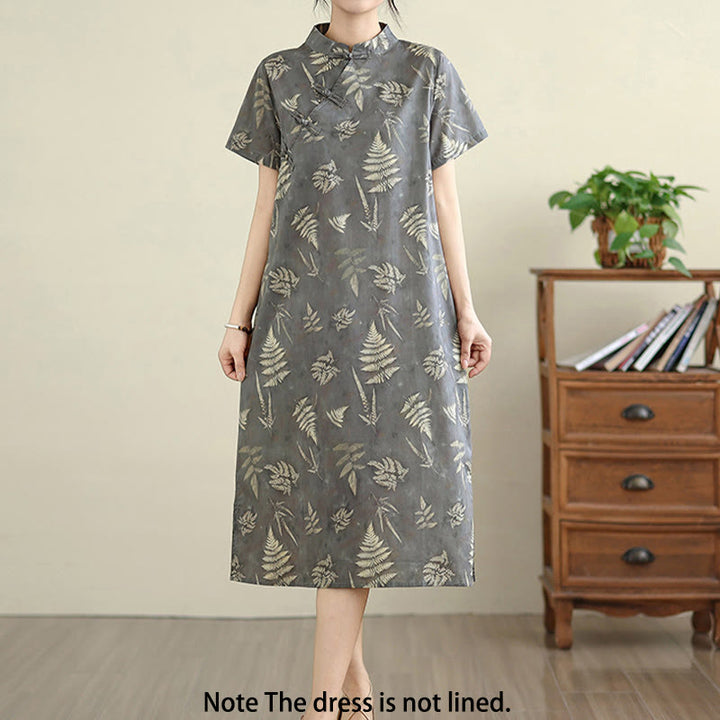 Robe mi-longue cheongsam rétro gris foncé en coton avec boutons Buddha Stones et poches - image 2
