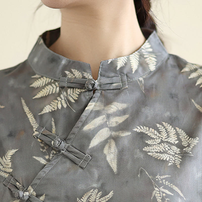 Robe mi-longue cheongsam rétro gris foncé en coton avec boutons Buddha Stones et poches - image 8