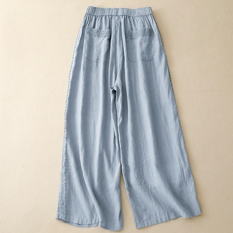 Pantalon large en coton et lin uni avec poches et coutures en dentelle et Buddha Stones pour femme - image 1