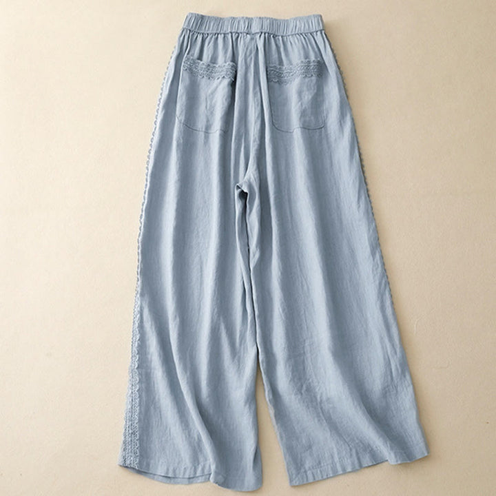 Pantalon large en coton et lin uni avec poches et coutures en dentelle et Buddha Stones pour femme - image 1