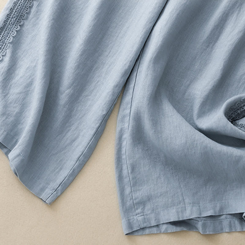 Pantalon large en coton et lin uni avec poches et coutures en dentelle et Buddha Stones pour femme - image 2