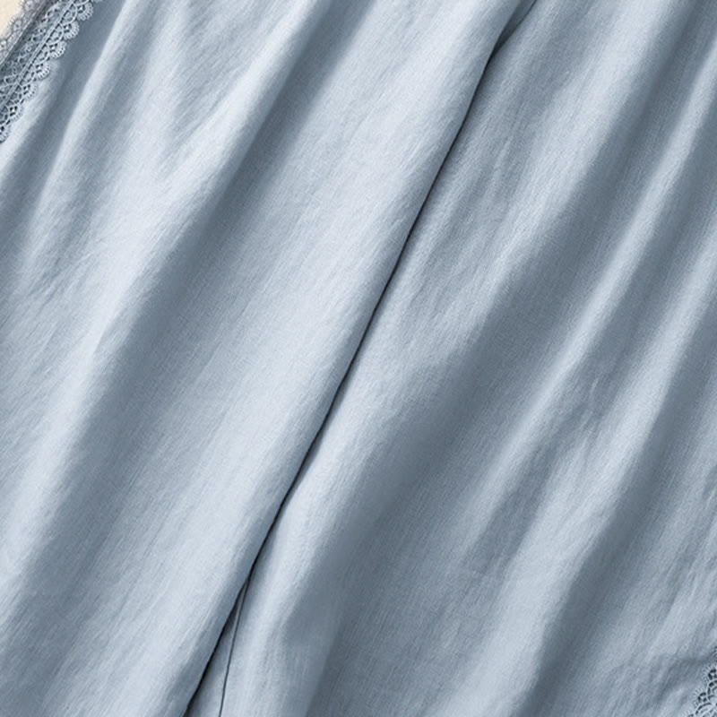 Pantalon large en coton et lin uni avec poches et coutures en dentelle et Buddha Stones pour femme - image 5