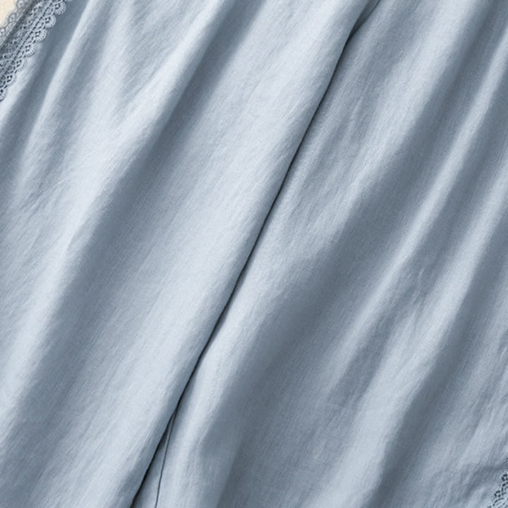 Pantalon large en coton et lin uni avec poches et coutures en dentelle et Buddha Stones pour femme - image 5