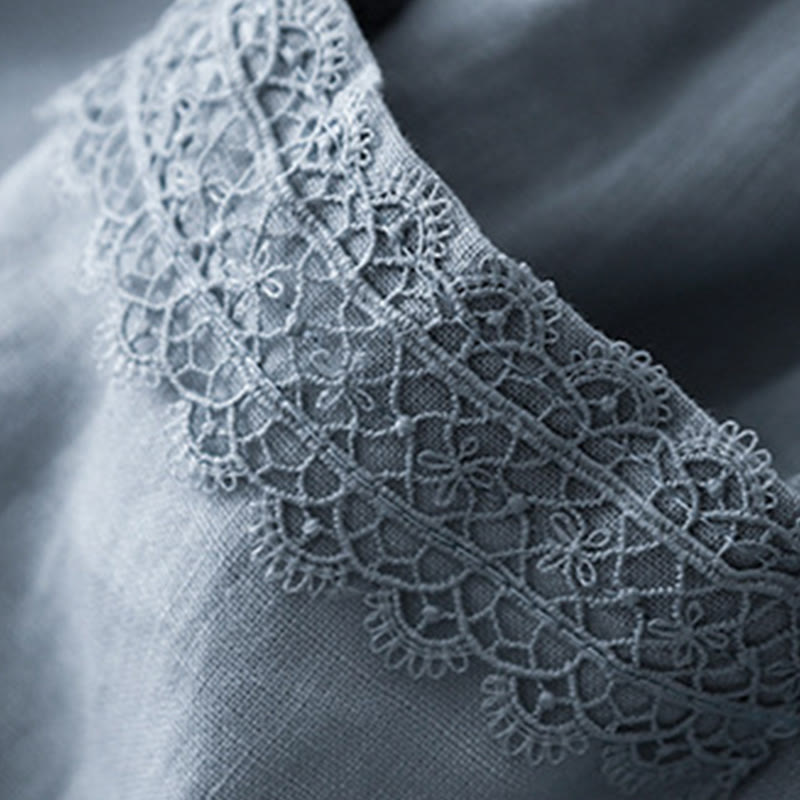 Pantalon large en coton et lin uni avec poches et coutures en dentelle et Buddha Stones pour femme - image 7