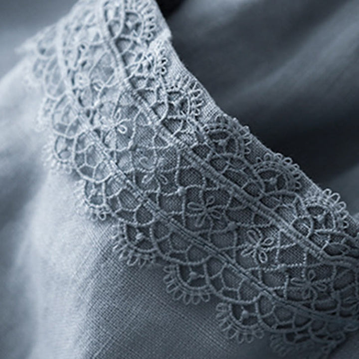 Pantalon large en coton et lin uni avec poches et coutures en dentelle et Buddha Stones pour femme - image 7