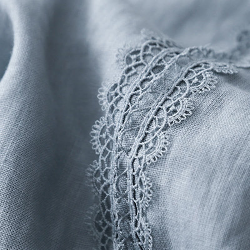 Pantalon large en coton et lin uni avec poches et coutures en dentelle et Buddha Stones pour femme - image 3