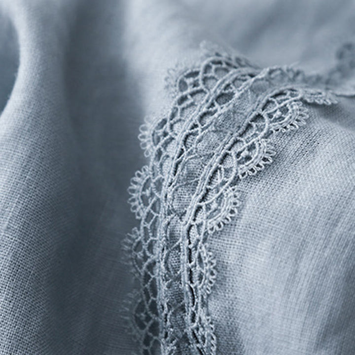 Pantalon large en coton et lin uni avec poches et coutures en dentelle et Buddha Stones pour femme - image 3