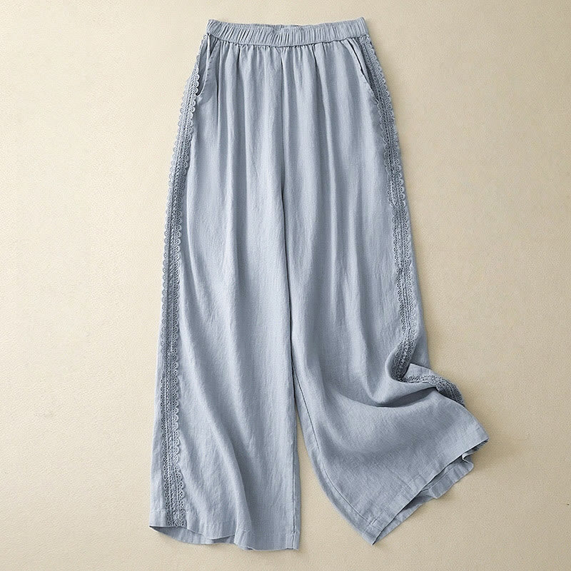 Pantalon large en coton et lin uni avec poches et coutures en dentelle et Buddha Stones pour femme - Bleu ciel clair - US8-10，UK/AU12-14，EU40-42 (2XL) - image 0