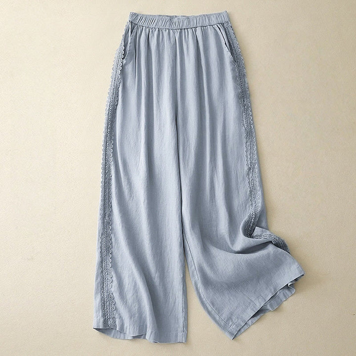 Pantalon large en coton et lin uni avec poches et coutures en dentelle et Buddha Stones pour femme - Bleu ciel clair - US8-10，UK/AU12-14，EU40-42 (2XL) - image 0