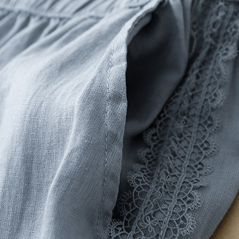 Pantalon large en coton et lin uni avec poches et coutures en dentelle et Buddha Stones pour femme - image 4