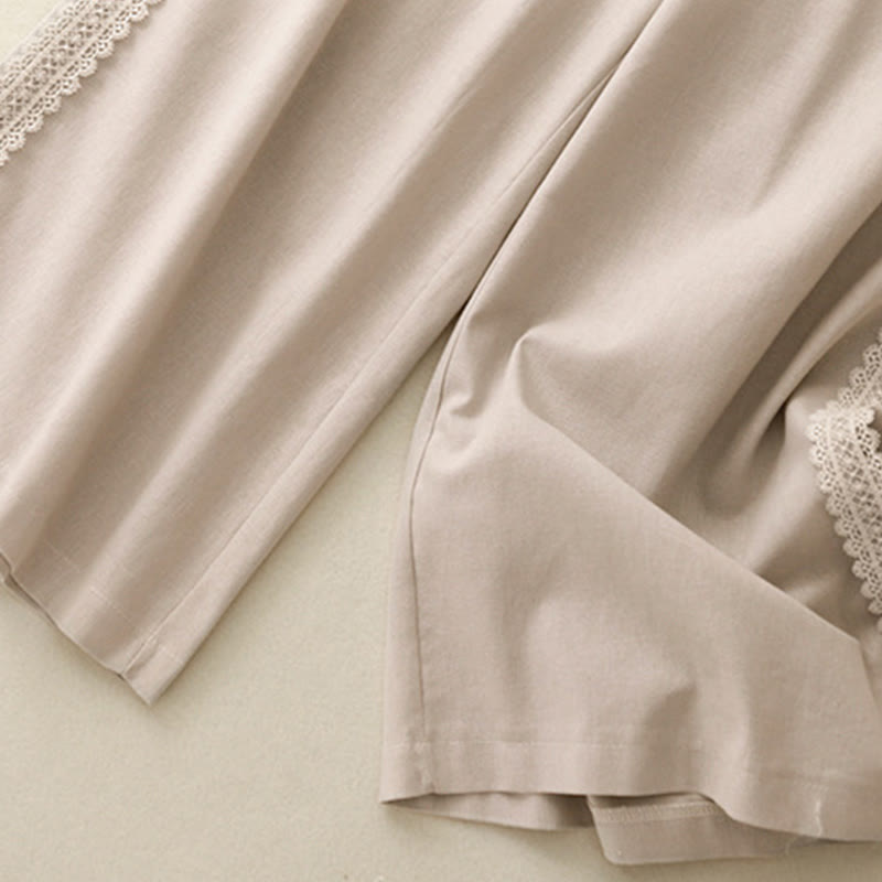 Pantalon large en coton et lin uni avec poches et coutures en dentelle et Buddha Stones pour femme - image 10