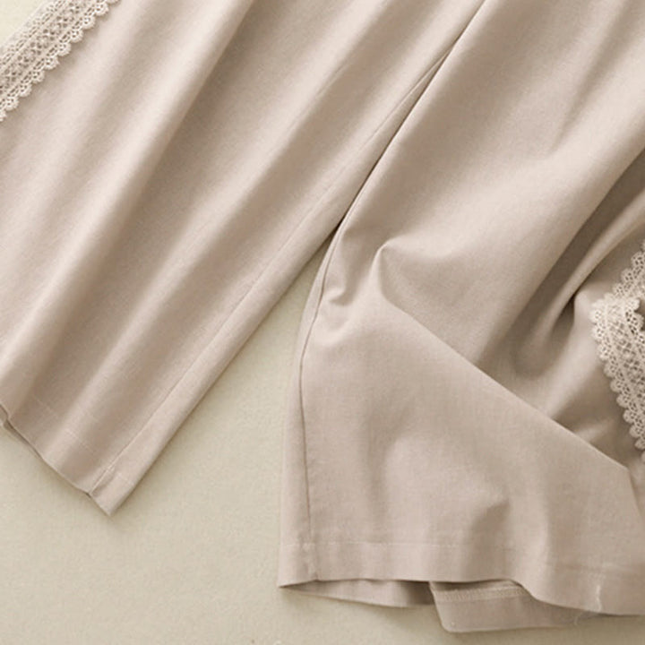 Pantalon large en coton et lin uni avec poches et coutures en dentelle et Buddha Stones pour femme - image 10