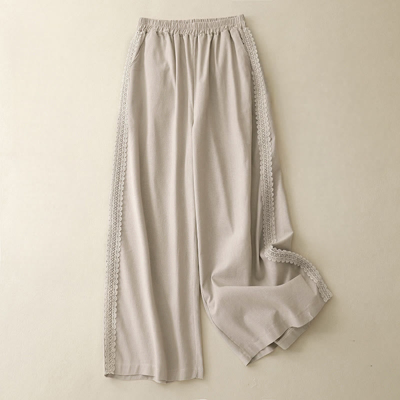 Pantalon large en coton et lin uni avec poches et coutures en dentelle et Buddha Stones pour femme - Beige - US8-10，UK/AU12-14，EU40-42 (2XL) - image 8