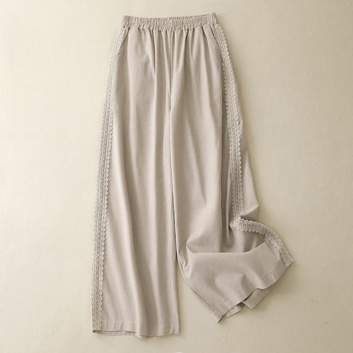Pantalon large en coton et lin uni avec poches et coutures en dentelle et Buddha Stones pour femme - Beige - US8-10，UK/AU12-14，EU40-42 (2XL) - image 8