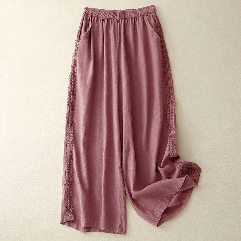 Pantalon large en coton et lin uni avec poches et coutures en dentelle et Buddha Stones pour femme - Rouge violet pâle - US8-10，UK/AU12-14，EU40-42 (2XL) - image 13